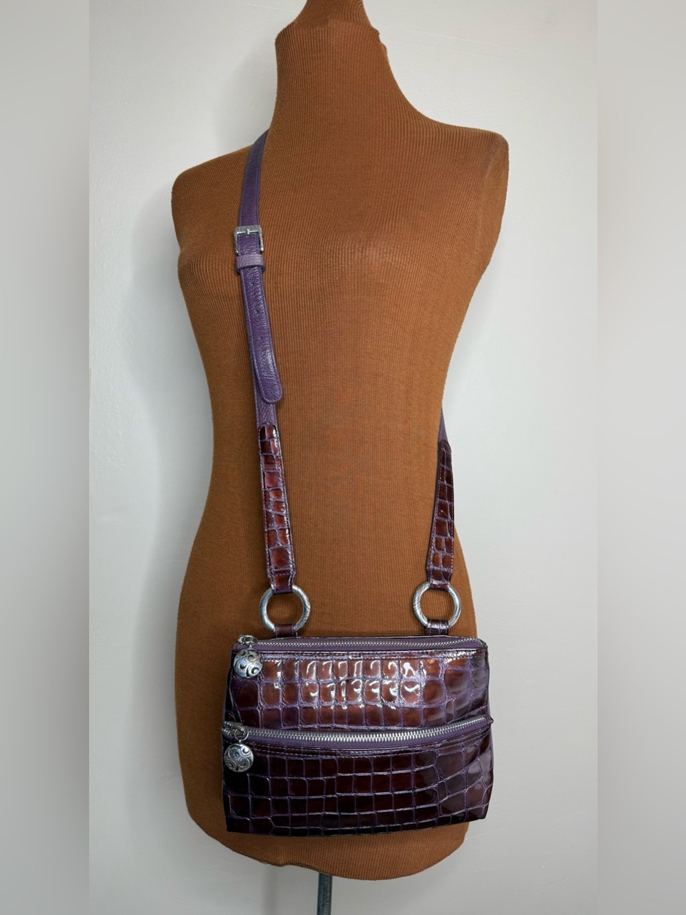 Brighton Vintage Purple Croc-Embossed Crossbody Bag Purple Burgundy